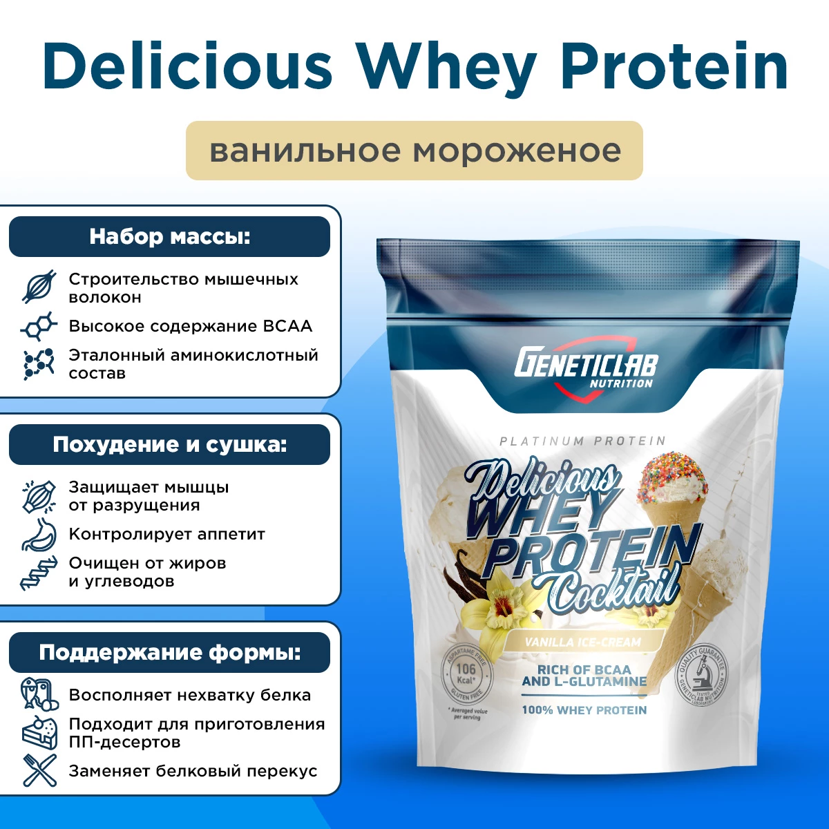 Сывороточный протеин Geneticlab DELICIOUS WHEY PROTEIN COCTAIL 900 г Ваниль